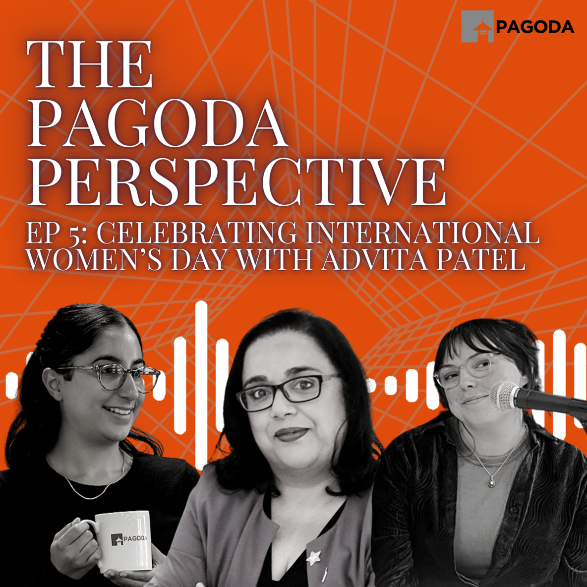 Natasha Chudasama, Advita Patel and Deborah Meikle sit with a microphone in front of the Pagoda Perspective logo.